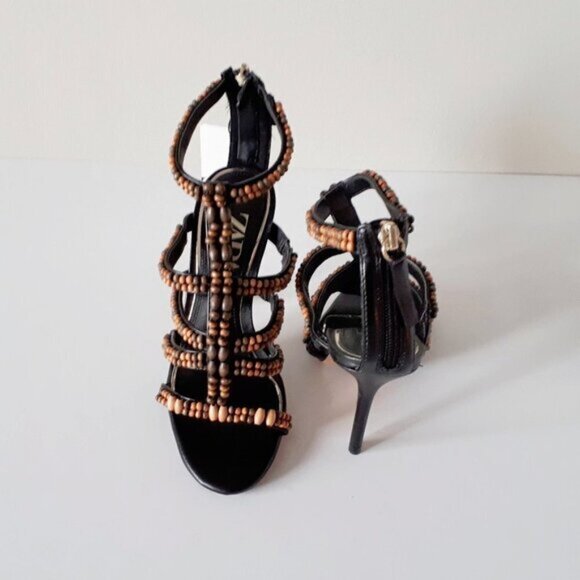 NWT Zara black & brown beaded open toe heeled strappy gladiator sandal, 6 - Picture 8 of 12